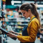 Young Woman Using a Handheld Scanner in a Grocery Store Aisle